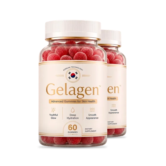 Gelagen skin-health gummies, two bottles showing the cream and gold label with Korean Technology badge