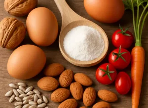 Biotin-rich foods: eggs, walnuts, almonds, sunflower seeds and tomatoes, with a spoonful of biotin powder
