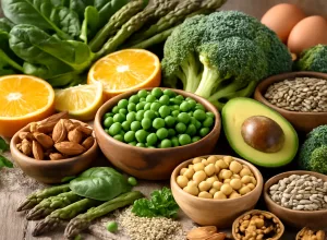 Folate-rich foods: leafy greens, broccoli, peas, avocado, citrus and legumes