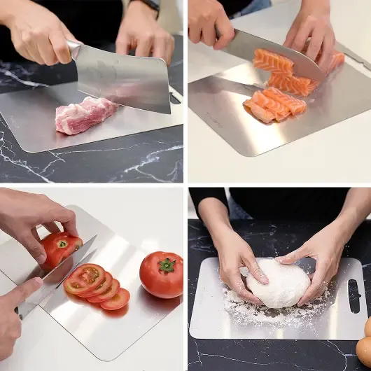 Four photos of a metal cutting board in use: cutting meat, slicing salmon, slicing tomato and kneading dough