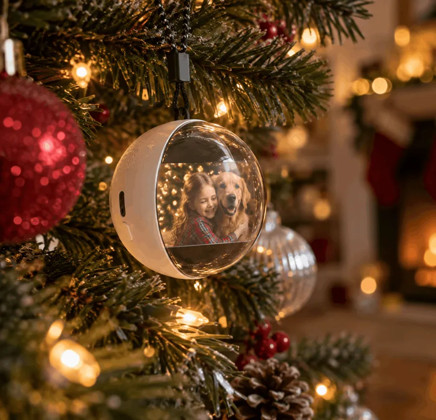 Memory Orb glowing with a family photo, hanging on a Christmas tree