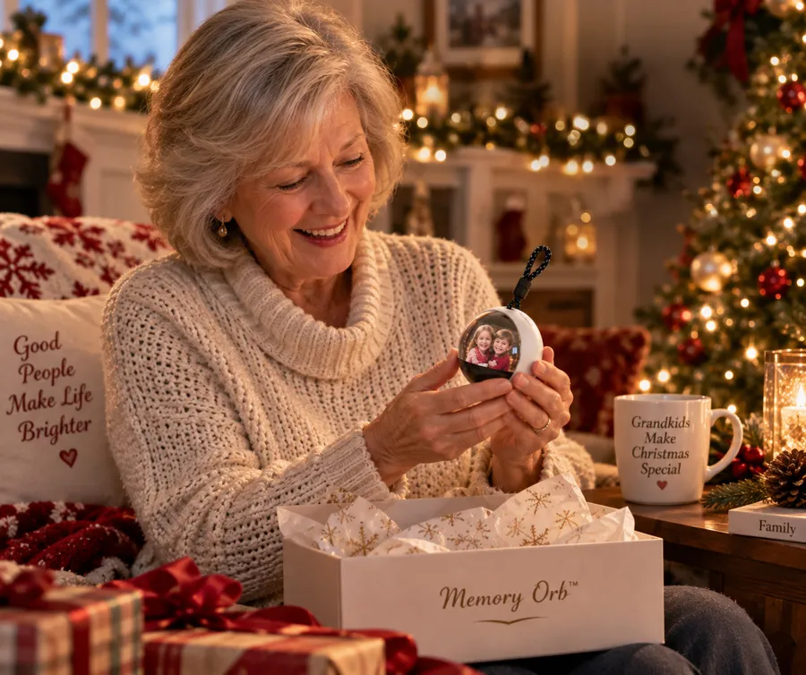 Grandmother smiling while opening a Memory Orb gift on Christmas