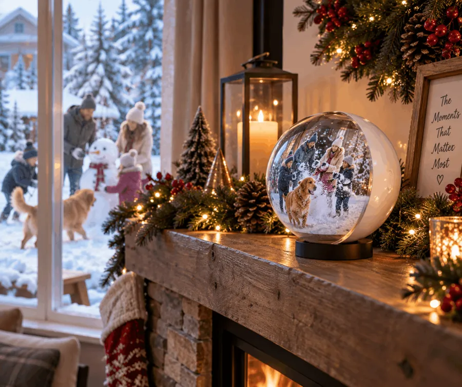 Memory Orb on a Christmas mantel showing a winter family photo