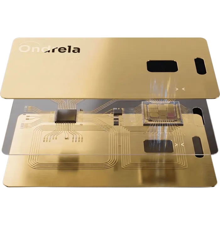 Exploded view of the Ondrela card showing the thin tracking electronics inside