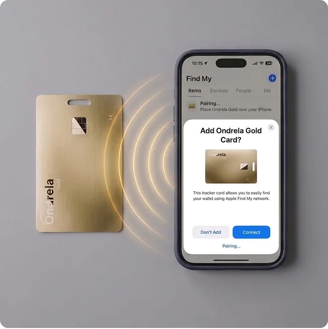 Phone showing the Add Ondrela Gold Card screen in Find My